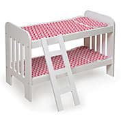 Badger Basket Co. Doll Bunk Bed with Bedding, Ladder, and Free Personalization Kit - White/Pink/Chevron
