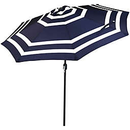9FT Patio Umbrella Outdoor Table Market Crank Push Button Tilt Blue Stripe Deck