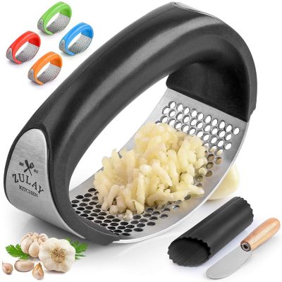 Zulay Kitchen Garlic Press Rocker With Silicone Peeler & Scraper Set - Black