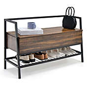 Slickblue Industrial Shoe Bench with Storage Space and Metal Handrail-Rustic Brown