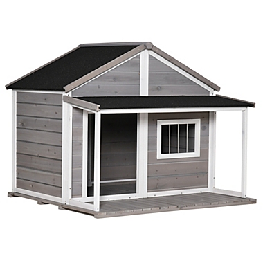 PawHut Outdoor Cabin Style House, Wooden Raised Pet Kennel with Asphalt  Roof, Front Door, Side Windows, Deck for Medium/Large Dogs, 53 Lbs., Grey |  Bed Bath & Beyond