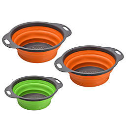 Unique Bargains Collapsible Colander Over The Sink Set, 3 Pieces Silicone Round Foldable Strainer with Handle Suitable for Pasta, Vegetables, Fruits - 1 Green 8in 2 Orange 9.4in