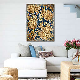 Designocracy Gold Floral Art on Navy Blue Patterned Rustic Wooden Block by G. DeBrekht