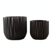 Urban Trends Collection Ceramic Round Pot with Embossed Spike Design Body and Tapered Bottom Set of Two Matte Finish Black