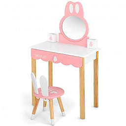 Costway Kids Vanity Set Rabbit Makeup Dressing Table Chair Set with Mirror and Drawer-White