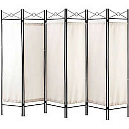 Legacy Decor 6 Panel Metal and Woven Fabric Room Divider with Two Way Hinges White Color