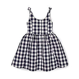 Hope & Henry Girls' Bow Shoulder Button Front Dress (Navy Check, 6-12 Months)