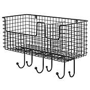 mDesign Metal Storage Organizer Basket with 6 Hooks - Wall Mount