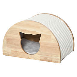 PawHut Wooden Cat House with Cat-Shaped Entrance Sisal Scratching Carpet Soft Cushion, Natural