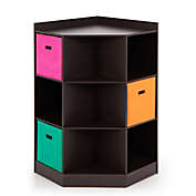 Slickblue 3-Tier Kids Storage Shelf Corner Cabinet with 3 Baskets-Brown