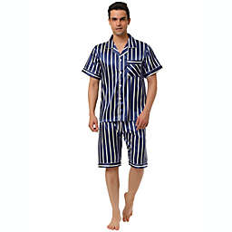 Lars Amadeus Men's Satin Short Sleeves Button Down Sleepwear Loungewear Pajama, Blue White L