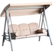 Outsunny Outdoor Patio 3-Person Steel Canopy Cushioned Seat Bench Swing with Included Side Trays & Padded Comfort, Brown