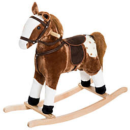 Qaba Kids Plush Toy Rocking Horse Pony Toddler Ride on Animal for Girls Pink Birthday Gifts with Realistic Sounds, Brown