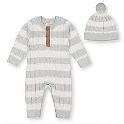 Hope & Henry Baby Sweater Henley Romper and Beanie Set (White and Light Gray Cable Stripe Set, 3-6 Months)