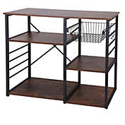 Saltoro Sherpi Wood and Metal Bakers Rack with 4 Shelves and Wire Basket, Brown and Black-