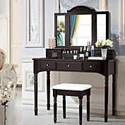 Slickblue Makeup Dressing Table with Tri-Folding Mirror and Cushioned Stool for Women-Coffee