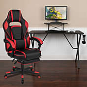 Emma + Oliver Gaming Bundle-Cup/Headphone Desk & Red Reclining Footrest Chair