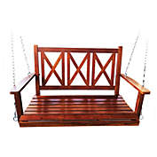 Porch Swing for Outdoor Patio Swing, Mahogany Stained Wood   4 ft. Rustic Style Wood Swing Bench with Hanging Chains - Backyard Expressions
