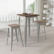 Merrick Lane 3 Piece Bar Table and Stools Set with 23.5" Square Silver Metal Table with Wood Top and 2 Matching Bar Stools
