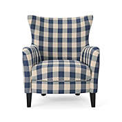Contemporary Home Living 36.25" Navy Blue and Beige Checkered Upholstered Armchair