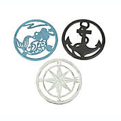Zeckos Set of 3 Cast Iron Nautical Design Kitchen Trivets Decorative Wall Hangings Mermaid Anchor Compass Rose