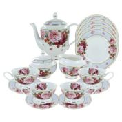 Peony and Strawberry Blue Bone China Tea Set Dessert Plates Included by English Tea Store