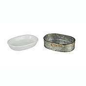 Audreys White Ceramic Soap Dish With Galvanized Zinc Finish Tray