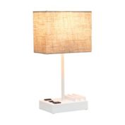Simple Designs 15.3" Tall Modern Rectangular Multi-Use 1 Light Bedside Table Desk Lamp with 2 USB Ports and Charging Outlet with Beige Fabric Shade - White