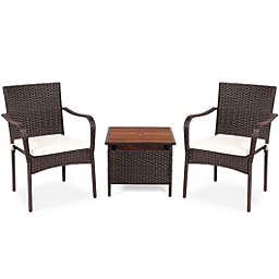 Costway-CA 3 PCS Patio Rattan Furniture Bistro Set with Wood Side Table and Stackable Chair