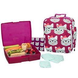 Bentology Lunch Bag and Box Set for Girls - Includes Insulated Bag, Bento Box, 5 Containers and Ice Pack - Kitty