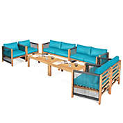 Gymax 8PCS Acacia Wood Outdoor Patio Furniture Conversation Set W/ Turquoise Cushions