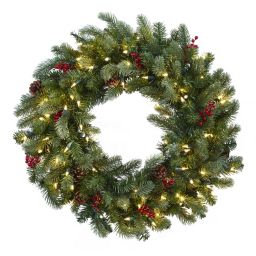 Nearly Natural Pre-Lit Berries and Pinecones Christmas Wreath, 30-Inch, Clear Lights