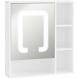 kleankin LED Lighted Medicine Cabinet with Mirror, Wall-Mounted Bathroom Vanity Organizer with Dimmer Touch Switch, Three Doors, White