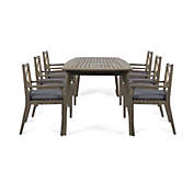 Contemporary Home Living 7-Piece Brown Traditional Wood and Wicker Outdoor Furniture Patio Dining Set - Dark Gray Cushions