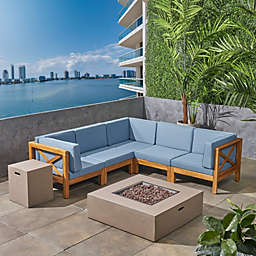 Contemporary Home Living 7-Piece Blue and Brown Contemporary Outdoor Patio Furniture 5 Seater Fire Pit Set