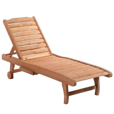 Outsunny Outdoor Sun Lounger, Wooden Chaise Lounge Chair with 3-Position Backrest, Pull-Out Tray & Wheels, for Beach, Poolside and Patio