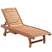 Outsunny Outdoor Sun Lounger, Wooden Chaise Lounge Chair with 3-Position Backrest, Pull-Out Tray & Wheels, for Beach, Poolside and Patio