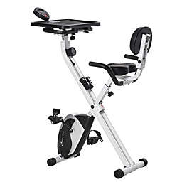 Soozier Stationary Exercise Bike with Adjustable Desktop, Seat Height and Resistance, 3lb Flywheel and Foldable Space-Saving Design, White