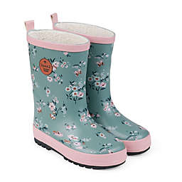 Deux par Deux Printed Rain Boots Lined With Fine Plush In Chinois Green Mini Flowers