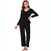 cheibear Women&#39;s Contrast Lounge Sets Knit Peplum Tops with Lace Trim Nightwear Pajamas Sleepwear  X-Small Black