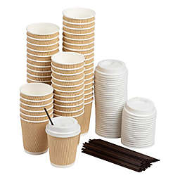 Juvale Disposable Kraft Paper Insulated Coffee Cups with Lids and Stirring Straws (8 oz, 50 Pack)