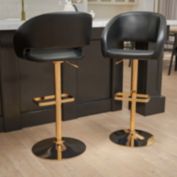 Flash Furniture Erik Contemporary Black Vinyl Adjustable Height Barstool with Rounded Mid-Back and Gold Base, Set of 2