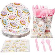 Juvale 144 Piece Donut Grow Up Party Supplies with Plates, Napkins, Cups, Cutlery, Dinnerware Set for Two Sweet Birthday Decorations (Serves 24)