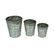 Audreys Set of 3 Galvanized Zinc Finish Primitive Buckets Hand Painted Metallic Gold Rims