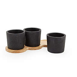 Juvale 4-Piece Round Black Cement Planters with Modern Wood Base (8.8 x 3.15 x 2.67 In)