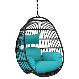 Sunnydaze Outdoor Resin Wicker Patio Dalia Hanging Basket Egg Chair with Cushions and Headrest - Teal - 2pc