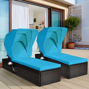 Gymax 2PCS Rattan Patio Chaise Lounge Chair W/ Adjustable Canopy Turquoise Cushion