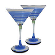 Golden Hill Studio Set of 2 Blue and Clear Retro Striped Wine Glasses 7.5 oz.
