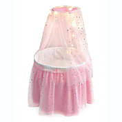 Badger Basket Co. Sweet Dreams Round Doll Bassinet with Canopy and LED Lights - Pink, White, Stars