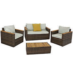 Sunnydaze Outdoor Rattan and Acacia Wood Kenmare Patio Conversation Furniture Set with Loveseat, Chairs, Table, and Seat Cushions - Green Stripe - 4pc